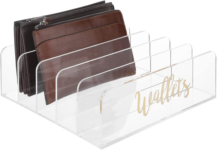 Clear Acrylic 5-Section Wallet Holder Closet Storage Organizer, Display Rack with Brass Cursive Lettering WALLETS Label-MyGift