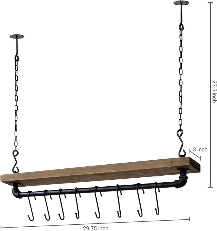 Industrial Pipe & Wood Ceiling Mounted Hanging Pot Rack with 8 S-Hooks-MyGift