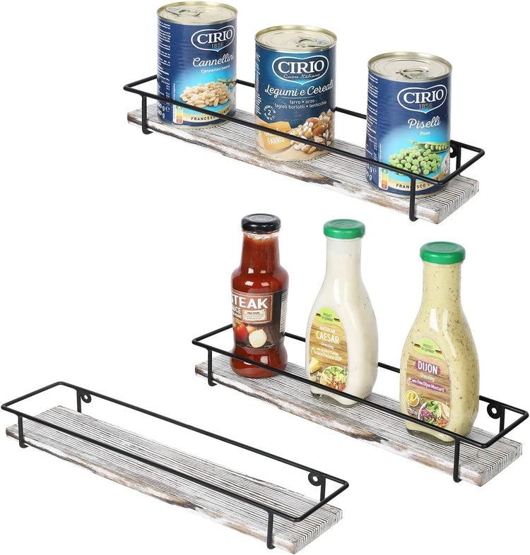 Set of 3, Whitewashed Wood and Industrial Matte Black Metal Wire Kitchen Wall Mounted Spice Racks-MyGift