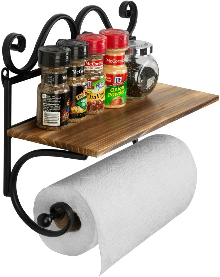 Rustic Burnt Wood Storage Shelf with Black Metal Vintage Scrollwork Design & Paper Towel Roll Holder-MyGift