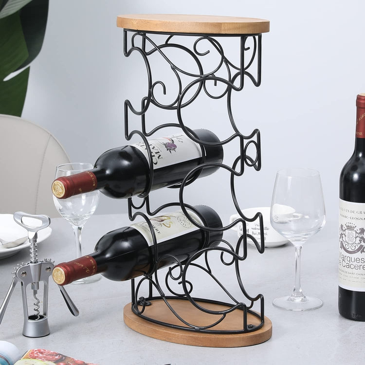 Wood Countertop Wine Rack with Black Metal Scrollwork Design, Decorative Wine Bottle Holder, Holds 6 Bottles-MyGift