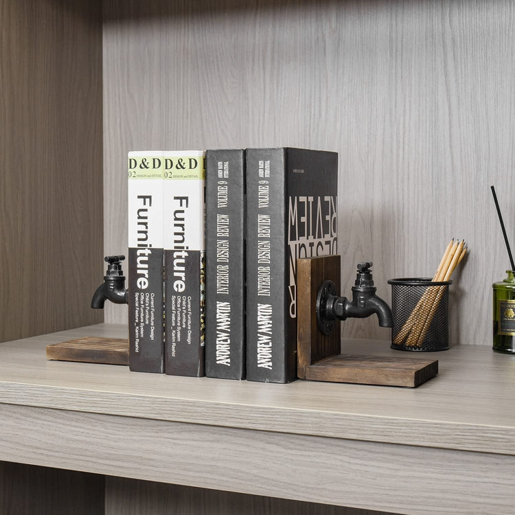 Industrial Style Decorative Bookends for Heavy Books with Cast Iron Faucet Spigot Design and Burnt Wood-MyGift