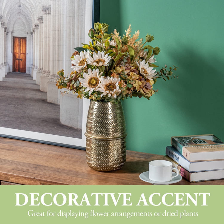 10 Inch Tall Brass Tone Aluminum Metal Flower Vase with Arrow Engraved Woven Pattern, Tabletop Centerpiece Décor-MyGift