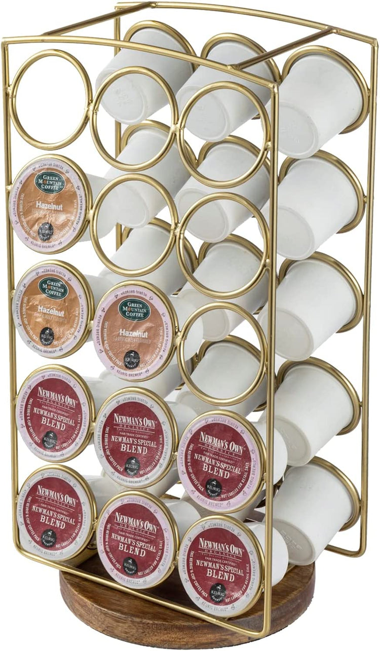 Brass Tone Plated Metal and Brown Mango Wood Coffee Pod Holder Stand, Tabletop Café Bar Coffee Capsule Storage Rack-MyGift