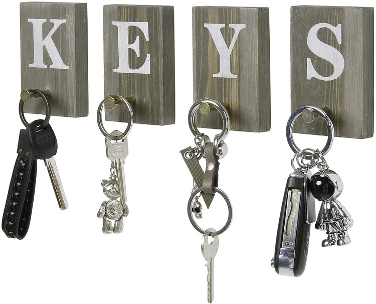 Gray Wood Wall Mounted Key Holder Rack, 4 Piece Block Panels with White "KEYS" Letters and Peg Style Hooks-MyGift