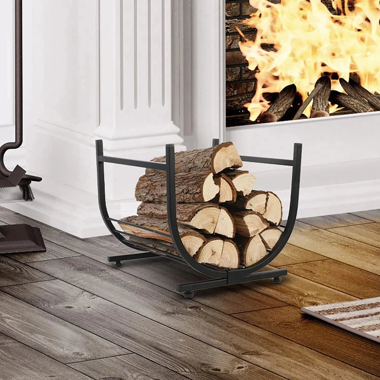 Industrial Firewood Rack Matte Black Metal Freestanding U Shape Log H MyGift