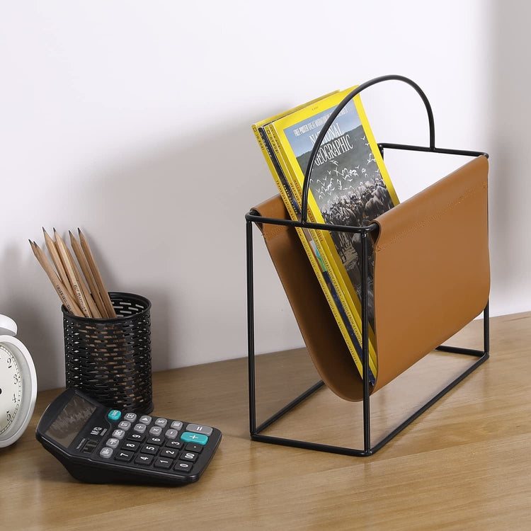 Magazine Holder with Industrial Black Metal Frame and Caramel Brown Leatherette Sling, Standing Storage Organizer-MyGift