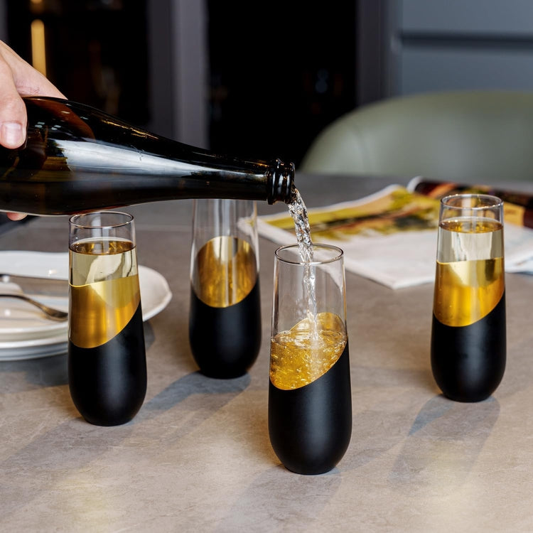 Black and Gold Tone Plated Champagne Flutes, Holiday New Year Party Toasting Glass, Set of 4-MyGift