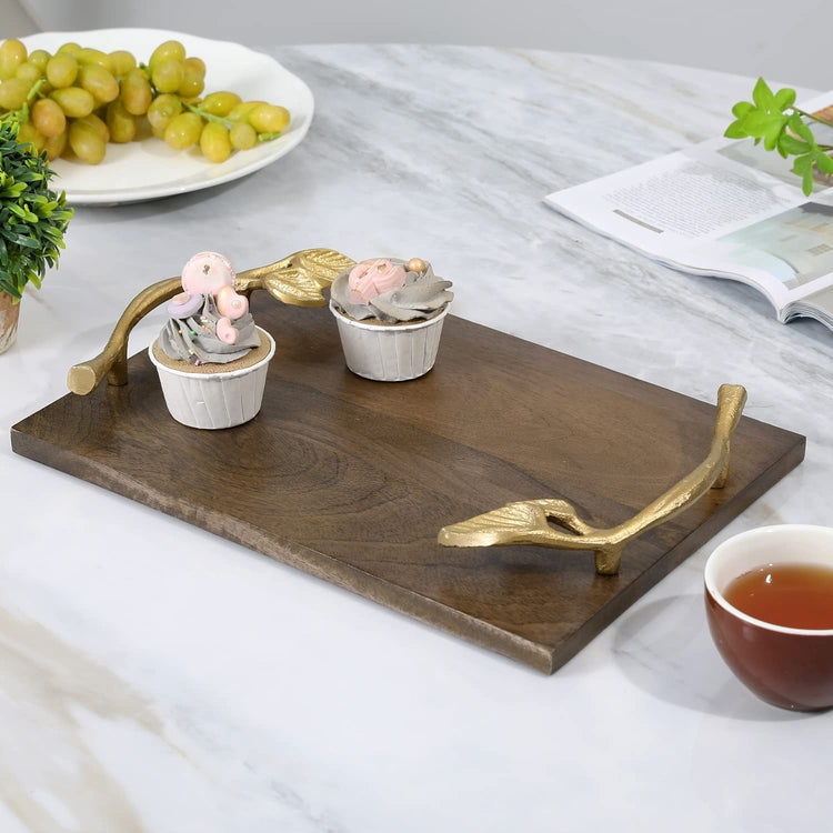 Wooden Serving Tray, Mango Wood Tray with Elegant Gold Leaf Metal Handle Decorative Coffee Table Display Platter-MyGift