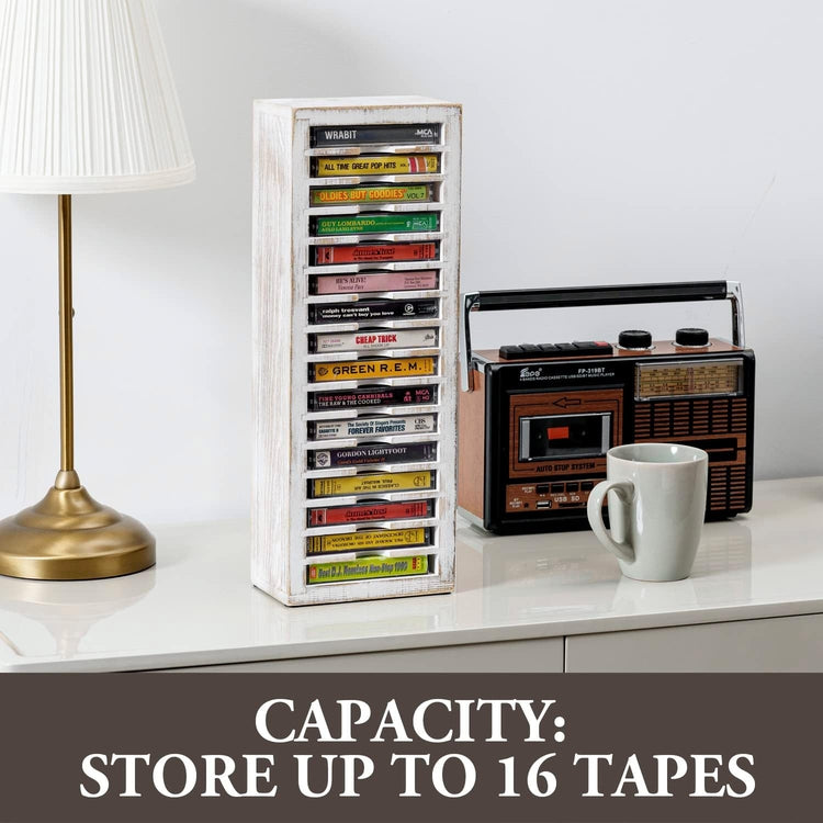 Whitewashed Wood Freestanding Audio Cassette Tower, Retro Music Slotted Storage Rack, Analog Audiotape Record Holder-MyGift