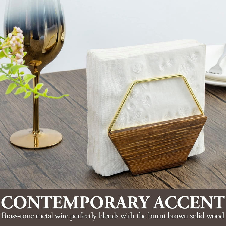 Hexagonal Burnt Wood Napkin Holder with Brass Tone Metal Wire Frame, Napkin and Cocktail Napkin Dispenser Rack-MyGift