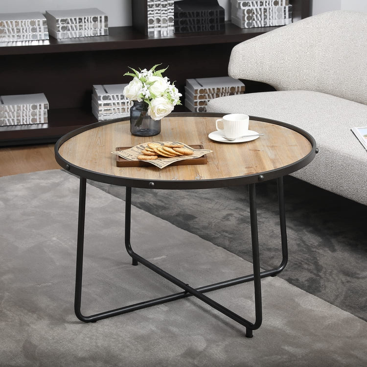 Natural Wood Round Coffee Table with Industrial Style Black Metal Cross-Legs and Riveted Edges Design-MyGift