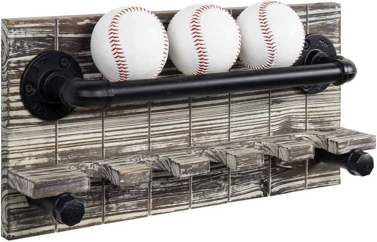 Torched Wood and Black Industrial Metal Pipe Wall Mounted Baseball and Bat Holder Display Rack-MyGift
