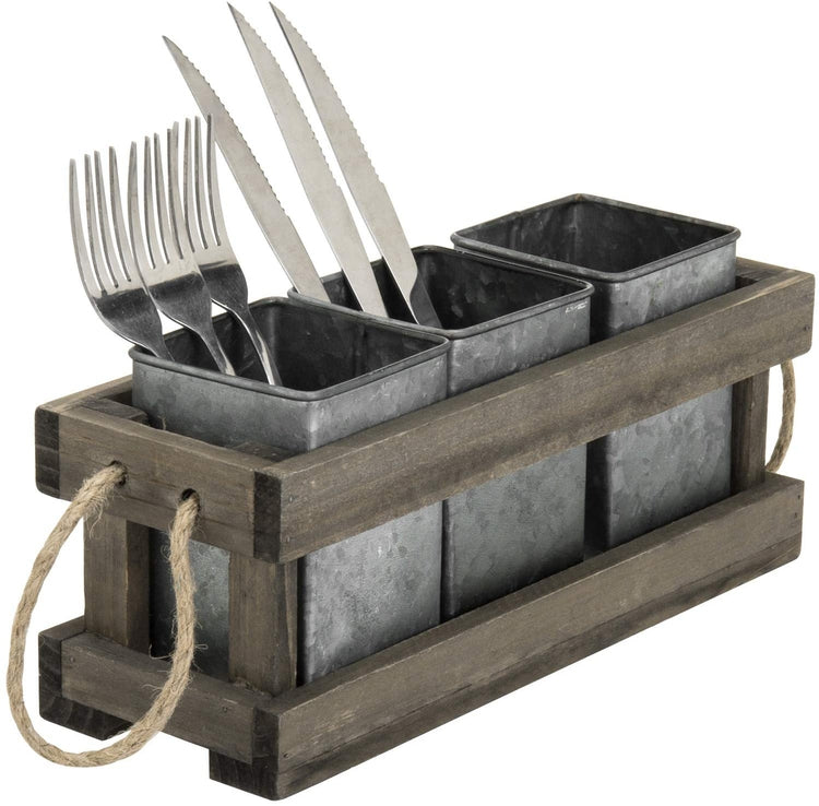 3-Slot Vintage Dark Brown Wood and Galvanized Silver Metal Dining Utensils Holder Server Caddy with Rustic Rope Handles-MyGift