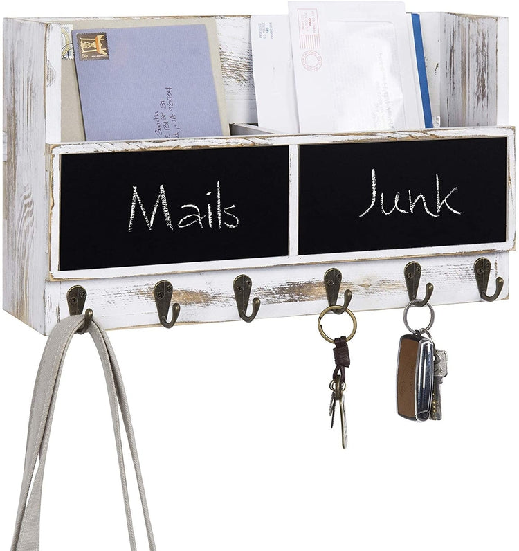 2-Slot Whitewashed Wood Mail Rack with Chalkboard and Key Hooks-MyGift