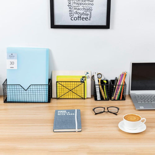 Industrial Matte Black Metal Wire Mesh Magnetic Baskets with Mail Sorter, File Storage Organizer, and Pen Holders-MyGift