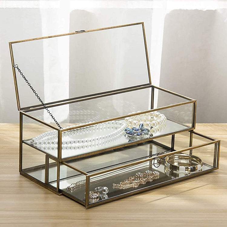 Brass Metal and Glass Mirrored Shadow Box, Vintage Jewelry Display Case-MyGift