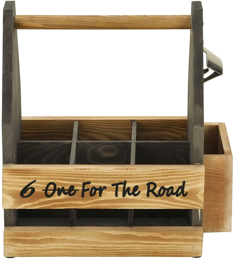 Gray and Brown Wood Beer Caddy, 6 Bottle '6 For The Road' Carrier with Opener and Cap Holder-MyGift