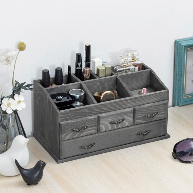 Gray Wood Vanity Organizer Rack with 4 Storage Drawers for Jewelry, Perfume, Cosmetics and Hair Accessories-MyGift
