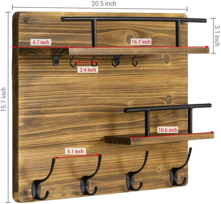 Burnt Wood Entryway Wall Organizer Rack with Mail Holder, Key Hooks, Coat Hooks, and Display Shelves with Metal Rails-MyGift