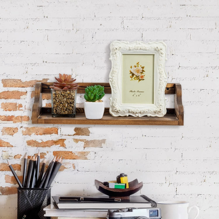 Burnt Wood Wall Mounted Collectible Shelf, Figurine Collection Floating Display Rack-MyGift