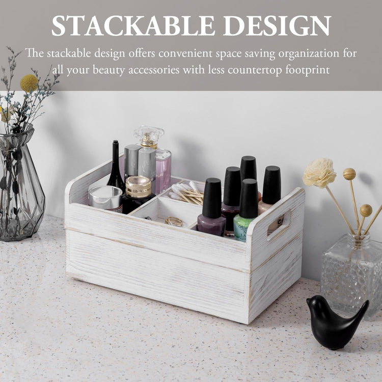 2 Tier White Washed Wood Vanity Storage Organizer Box, Bathroom Countertop Caddy-MyGift