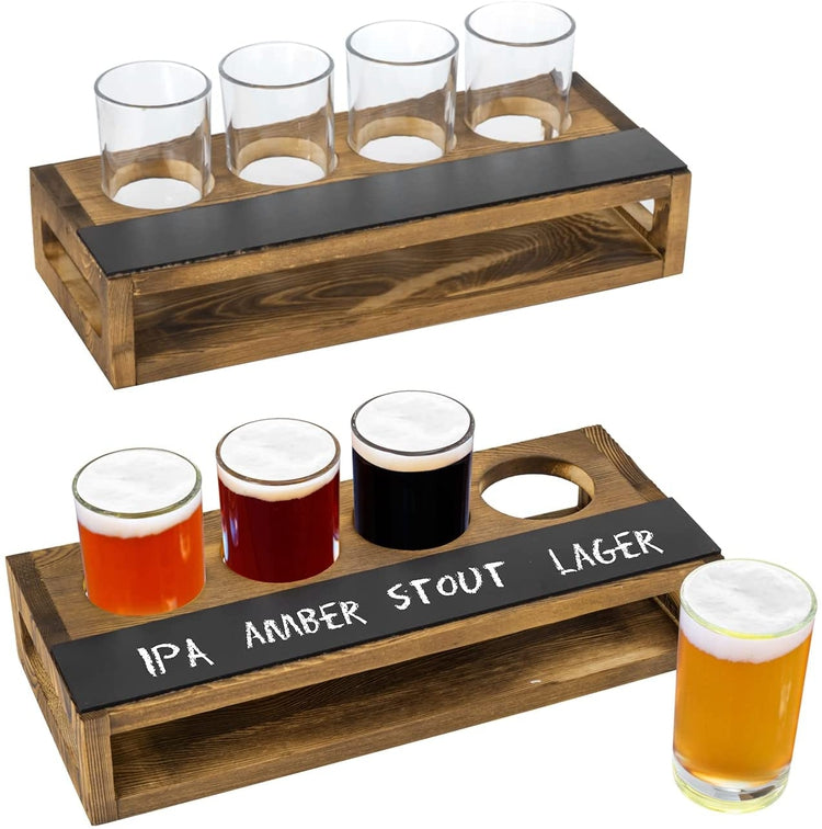 Set of 2, Dark Brown Burnt Wood Sampler Tray Beer Flight Holder Serving Set with 4 Glasses and Erasable Chalkboard Label-MyGift