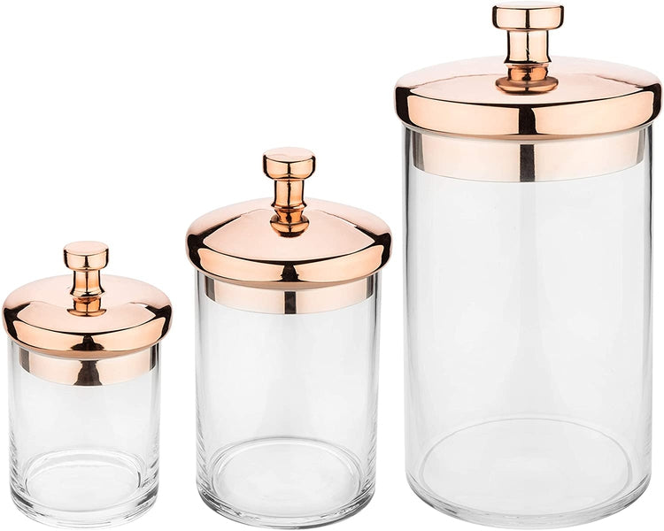 Set of 3 Clear Glass & Copper-Toned Metallic Kitchen & Bathroom Storage Containers Terrarium Jars-MyGift