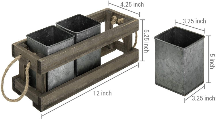 3-Slot Vintage Dark Brown Wood and Galvanized Silver Metal Dining Utensils Holder Server Caddy with Rustic Rope Handles-MyGift