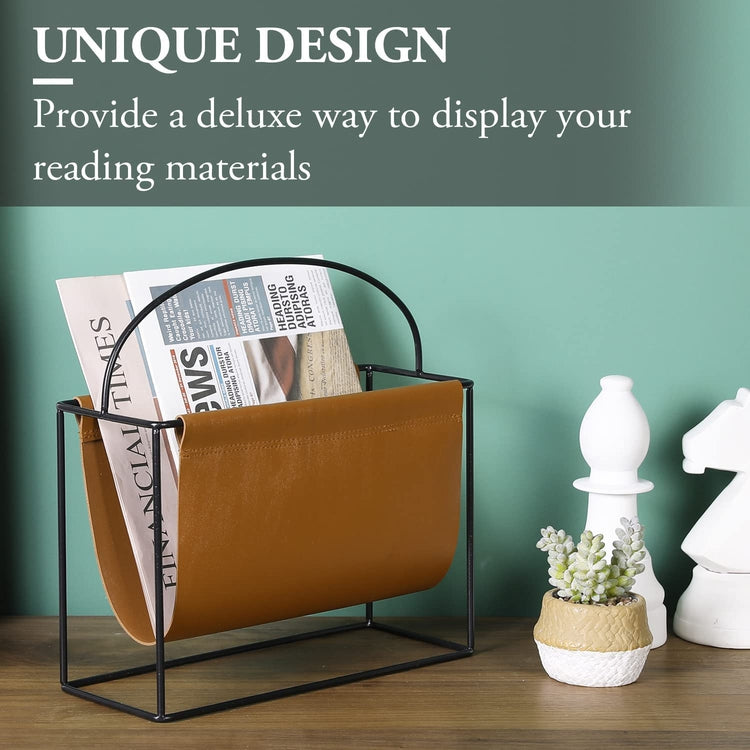 Magazine Holder with Industrial Black Metal Frame and Caramel Brown Leatherette Sling, Standing Storage Organizer-MyGift