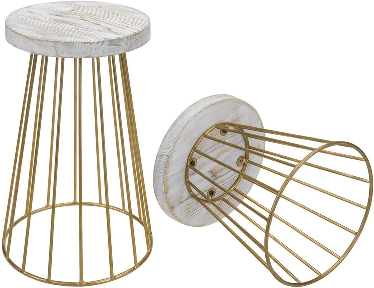 Set of 2 Whitewashed Wood and Vintage Brass Tone Metal Pedestal Display Stands-MyGift