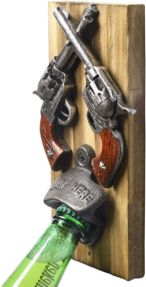 Burnt Wood Wall Mounted Beer Bottle Cap Opener with Dual Old West Six Shooter Revolvers Design-MyGift