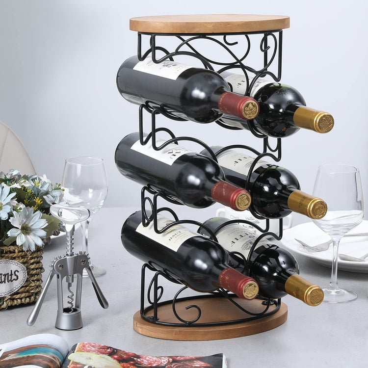 Wood Countertop Wine Rack with Black Metal Scrollwork Design, Decorative Wine Bottle Holder, Holds 6 Bottles-MyGift