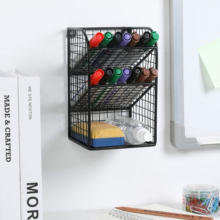 Black Metal Wire White Board Marker and Dry Eraser Holder Rack, Office Supply Storage Basket-MyGift