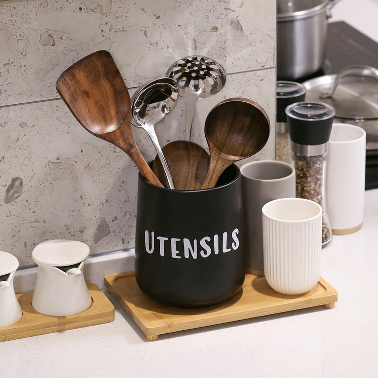 Matte Black Ceramic Kitchen Cooking Utensil Holder, Kitchen Crock with White UTENSILS Stenciled Print-MyGift