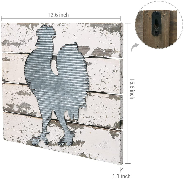 White Wood Wall Art with Corrugated Galvanized Metal Rooster Design,15 x 12-Inch-MyGift