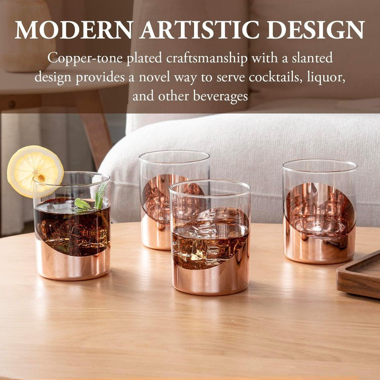 Copper Cocktail Glasses, Angled Dipped Design Lowball Whiskey Rocks Drinking Glass, Set of 4-MyGift