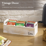 Whitewashed Wood Tea Bag Storage Box, Tea Sugar Packet Holder and Server Caddy with 3 Compartments and Cut Out Handles-MyGift