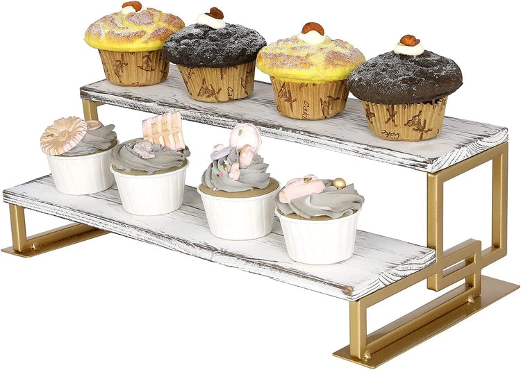 2-Tier Whitewashed Wood and Brass Tone Metal Dessert Holder Cupcake Display Riser Rack Stand-MyGift
