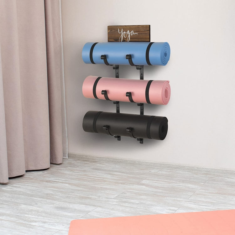 Wall Mounted Black Metal 3-Tier Yoga Mat Rack, Exercise Mat, Foam Roller Holder with Burnt Wood "yoga" Sign-MyGift