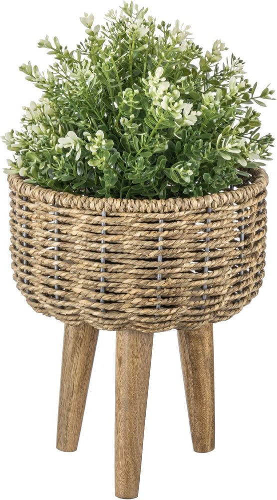 9 Inch Woven Seagrass Indoor Planter Pot Basket with Mango Wood Riser Legs, Decorative Plant Container Stand-MyGift