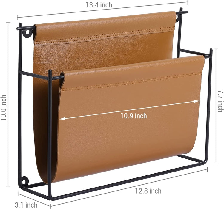Wall Mounted Magazine Holder with Industrial Black Metal Frame and Caramel Brown Leatherette Sling, Hanging Storage Rack-MyGift