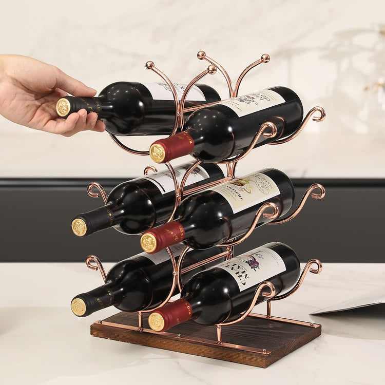 Tabletop 6 Wine Bottle Holder Display Rack Scroll Work Design, Rose Gold Metal Wire Wine Storage with Burnt Wood Base-MyGift