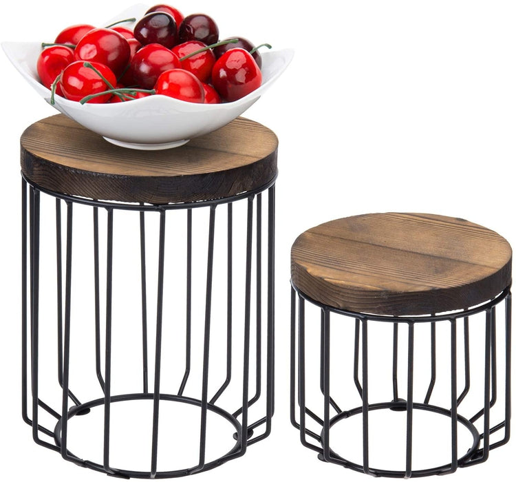 Set of 2, Brown Burnt Wood and Metal Wire Round Display Riser Stands, Buffet Tabletop Serving Racks-MyGift