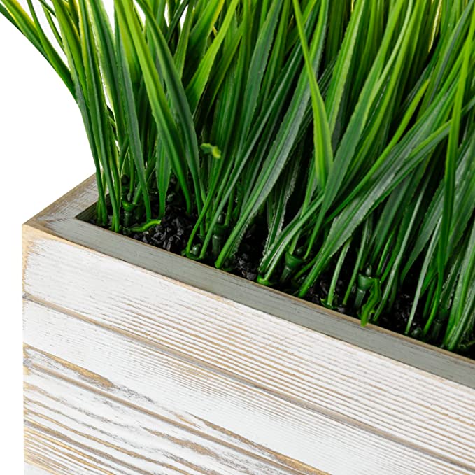 14 Inch Faux Green Grass Plant in Shabby Whitewashed Wood Planter Window Box-MyGift