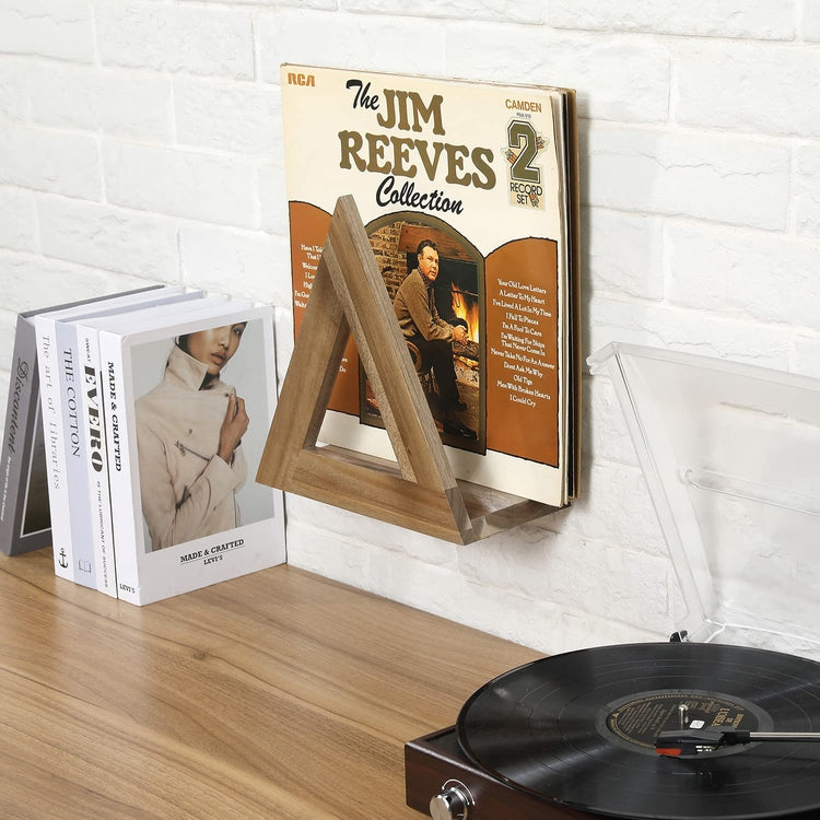 Acacia Wood Triangle Vinyl Record LP Album Holder Wall Mounted Display Rack-MyGift