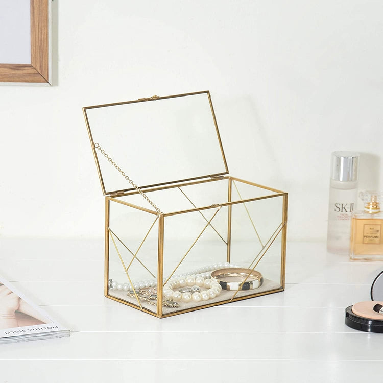 Geometric Glass and Brass Shadow Box, Jewelry Display Case, Wedding Card Holder-MyGift