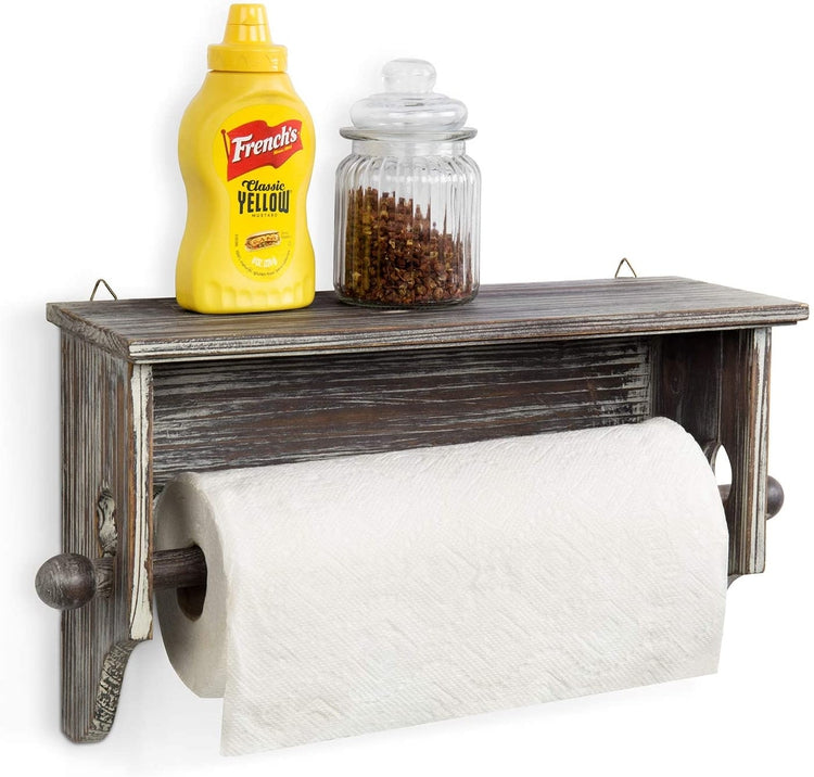 Wall-Mounted Torched Wood Paper Towel Holder with Display Shelf-MyGift