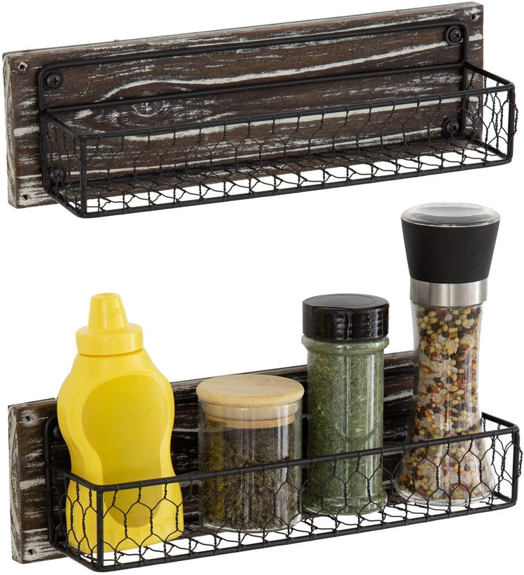 Set of 2, Hanging Wall Spice Rack with Black Wire and Torched Wood, Wall Mounted Seasoning Rack and Condiment Jar Holder-MyGift