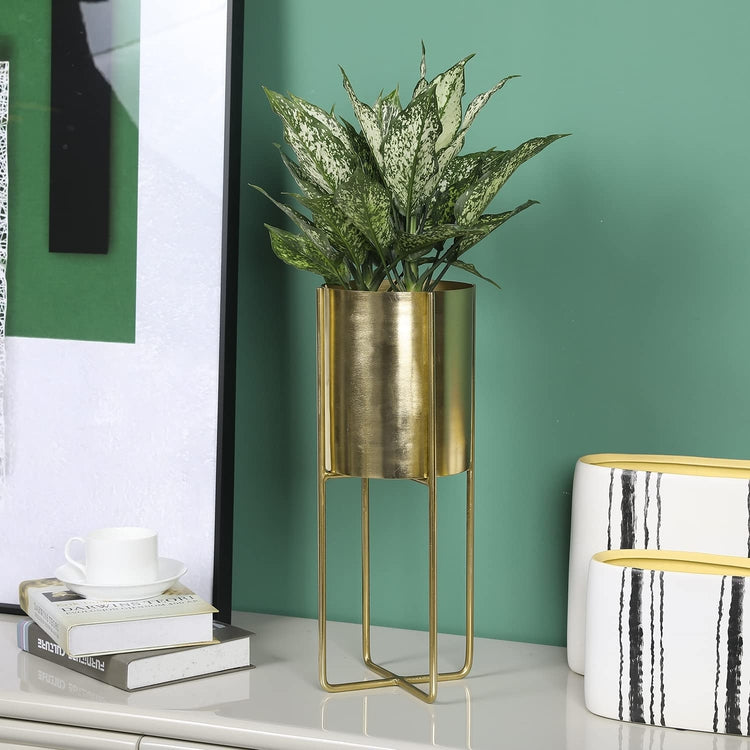 Brushed Brass Metal Decorative Planter Pot with Display Riser Stand-MyGift